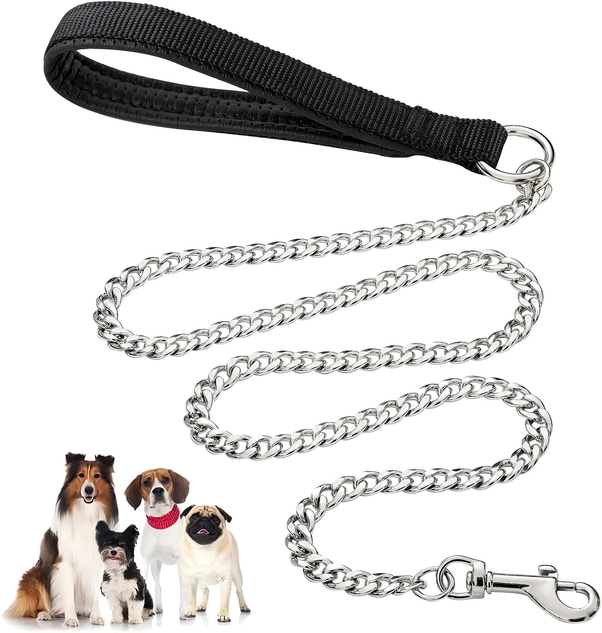 Heavy duty metal dog leash with soft padded handle and chew-proof chain in black, blue, or red