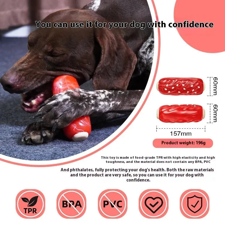 Primary coloured plastic molar rod dog chew toy with ridges and a treat cavity