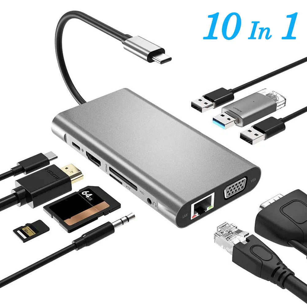 USB-C to HDMI ten-in-one expansion dock in grey with ports and integrated cable
