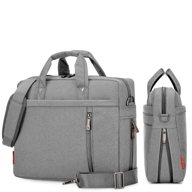 Waterproof Oxford cloth laptop bag in black with multiple compartments, adjustable shoulder strap, and alloy hardware