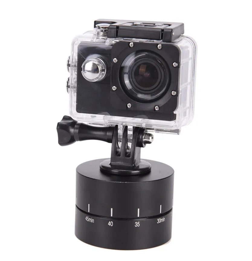 Lapse-compatible 360-degree auto-rotate camera tripod head on a tripod.