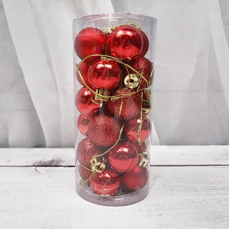 Assortment of shiny and matte 3cm plastic Christmas ball ornaments in ten different colours.