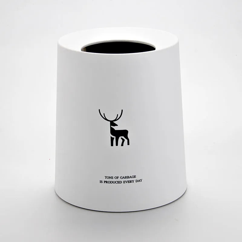 Creative Nordic drum-shaped plastic trash can with no cover in a white reindeer colour, 8L size for home or office use.