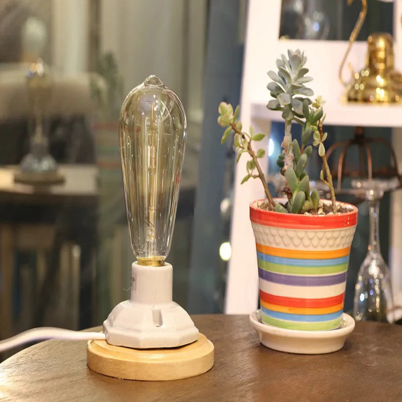 Retro ceramic table lamp with a wooden base and glass shade in American Country style.