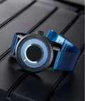 Pointerless liquid watch for men with round alloy case, stainless steel strap, and black dial
