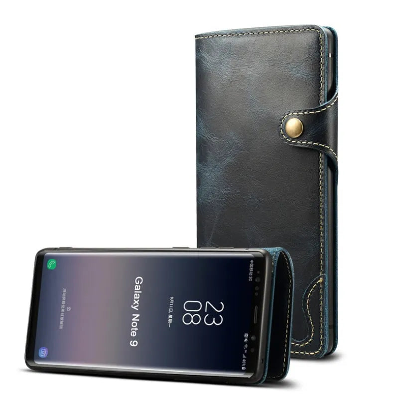 Handmade vintage leather clamshell phone case for Samsung Note9 with bracket and card slots