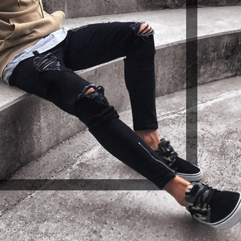 Men's black low waist stretch polyester casual pencil trousers