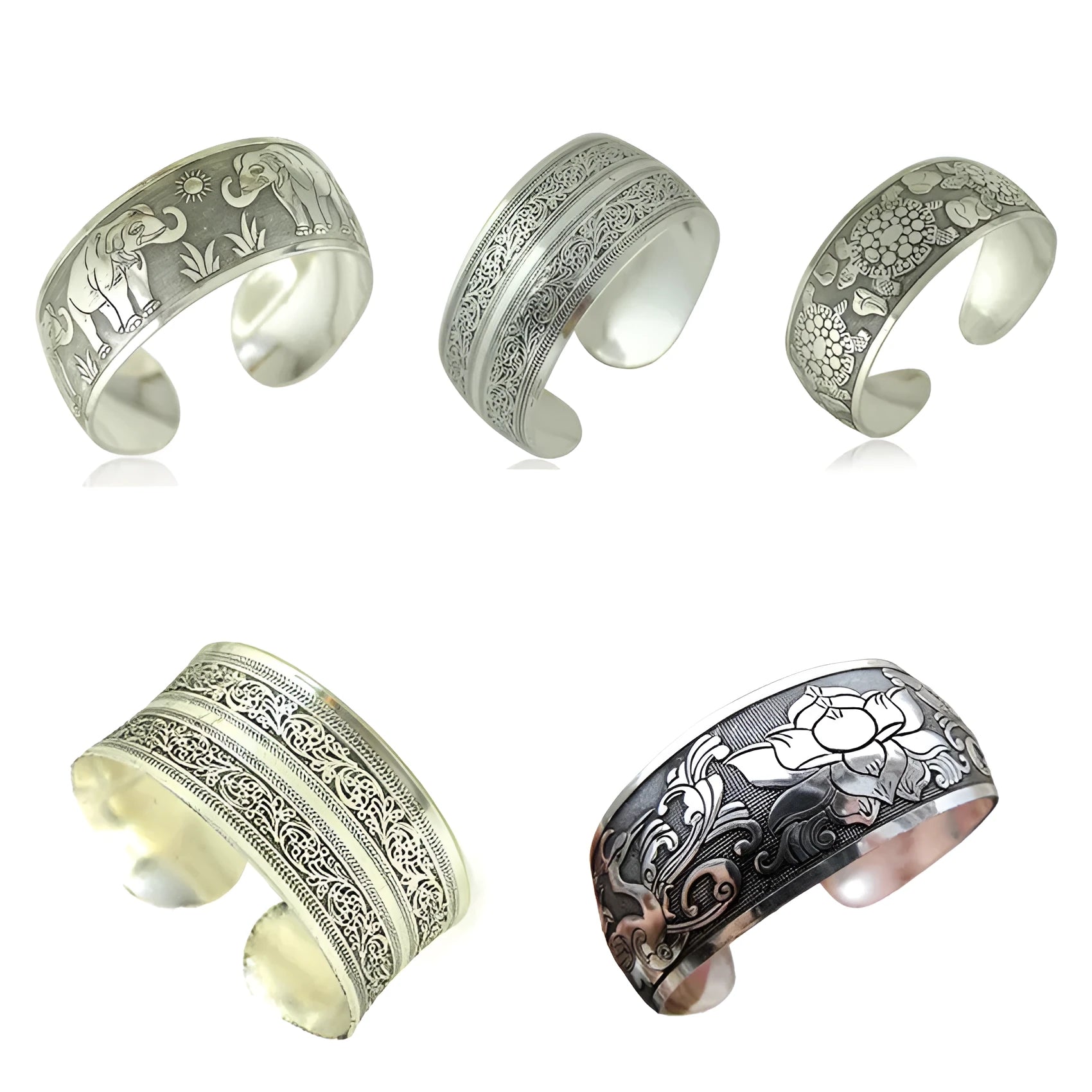 Miao ethnic silver-style bracelet with carved open design in alloy construction