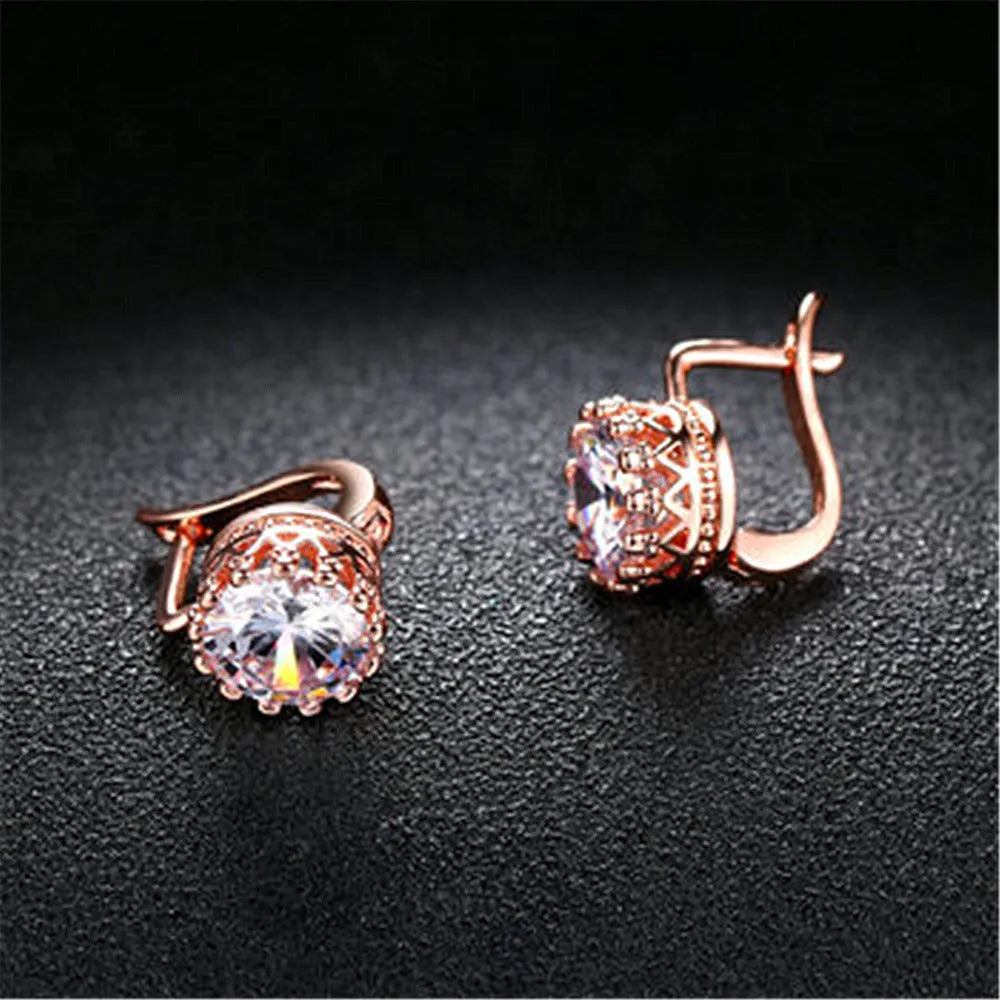 Korean retro crown ear clip earrings in rose gold or white gold colour with diamond-effect stones