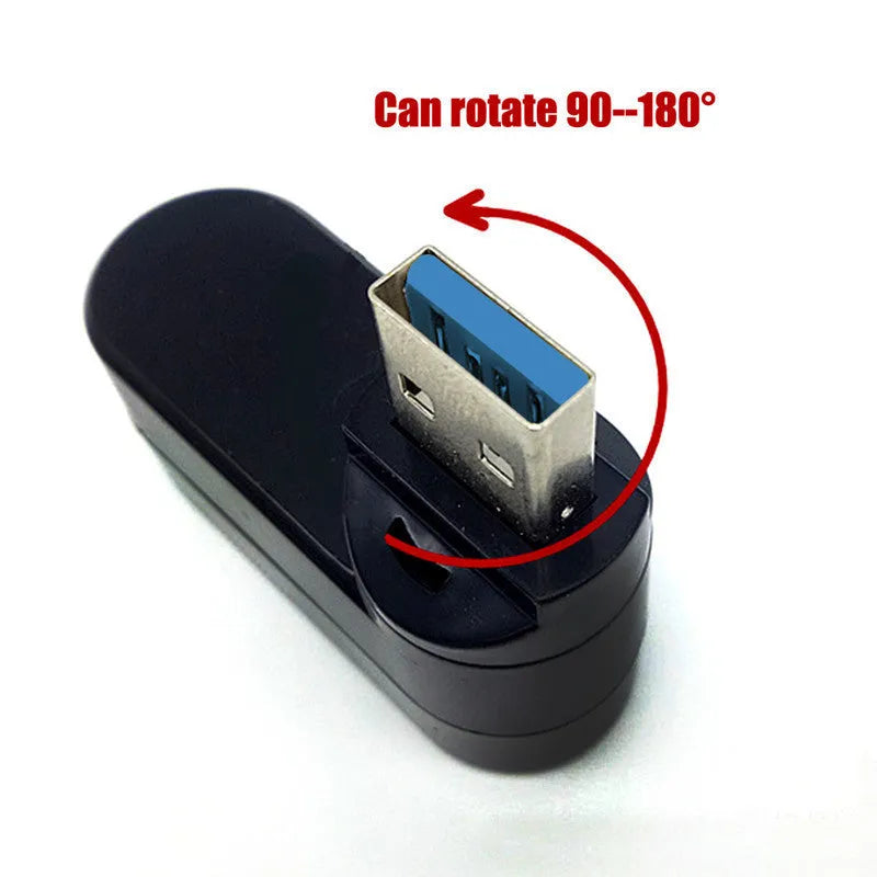 Black USB 3.0 hub with four ports on a white rotating base, showing dimensions of 15.5cm