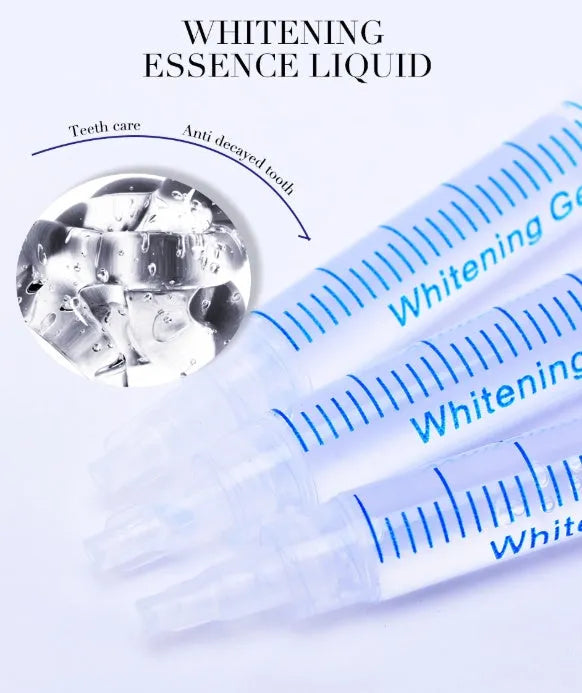 Teeth whitening kit with LED light and three 3ml gel sticks in blue packaging
