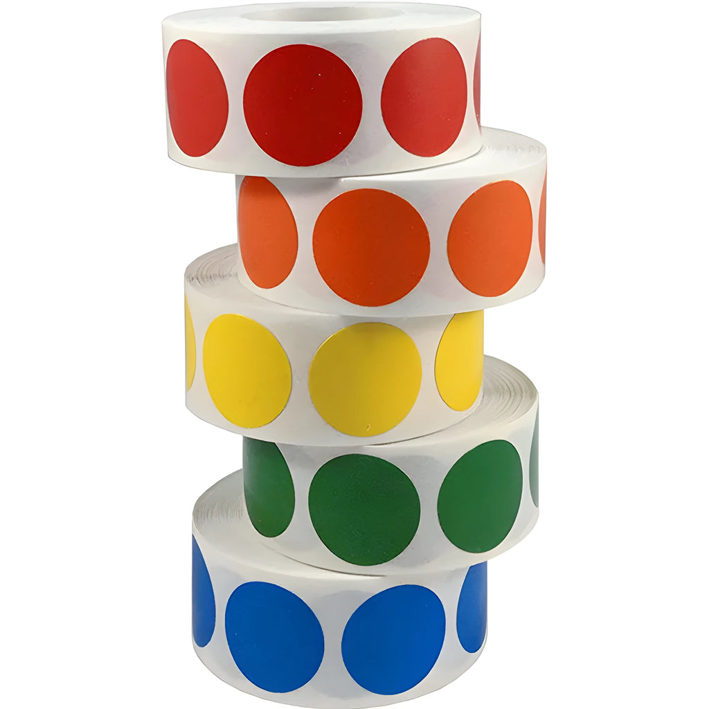 Roll of 500 chroma label colour code stickers, 2.5cm each, in ten colours with permanent glue
