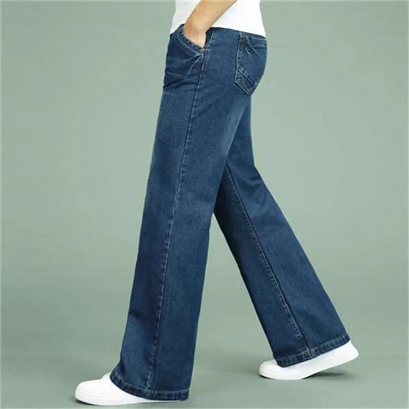 Men's loose straight-leg flared jeans in solid colour, polyester fiber, available in black, blue, and light blue shades