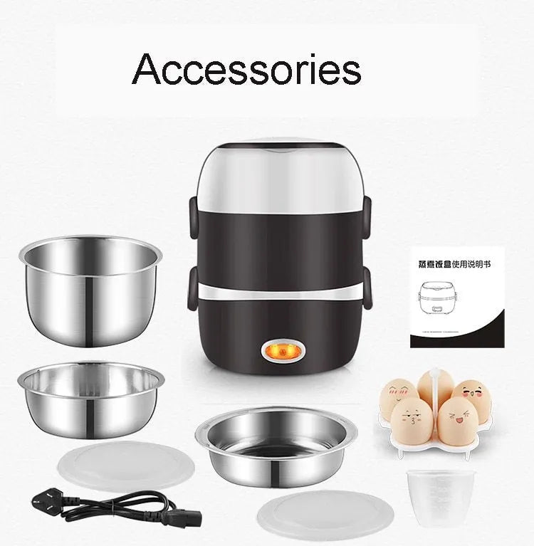 Electric lunch box with USB power port showing two-layer design measuring 190mm