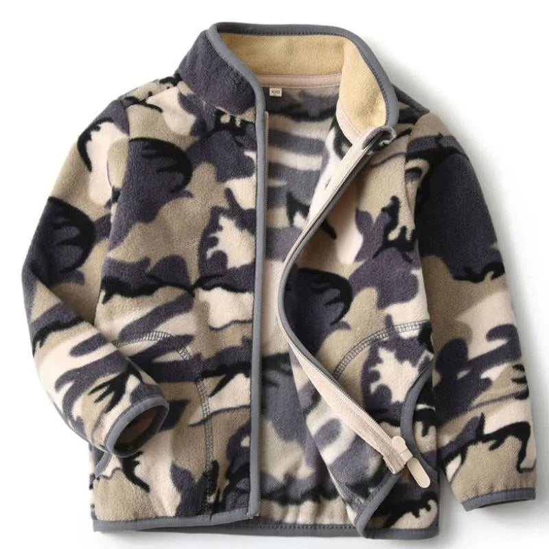Thick fur printed kids coat with zipper, blue camouflage car print, 100% polyester casual style for children 3-8 years