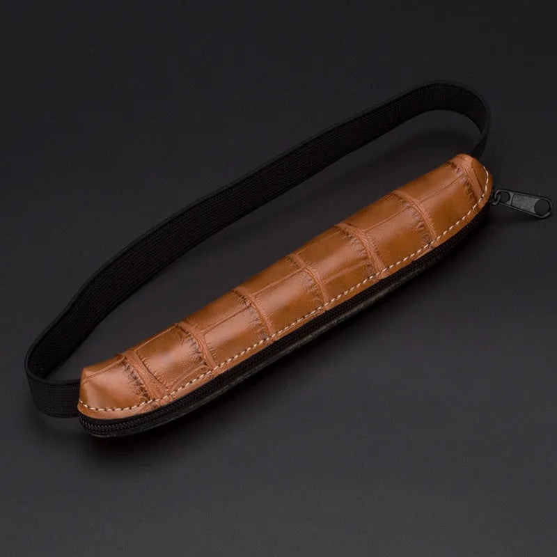 Long slim PU leather pencil case in beige grey colour showing dimensions