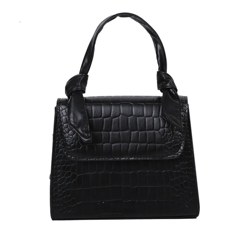 Women's small square retro armpit bag in black with stone pattern PU exterior and magnetic buckle