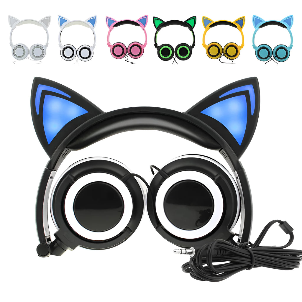 Colourful LED cat ear headphones showing illuminated ears and cushions on a black background