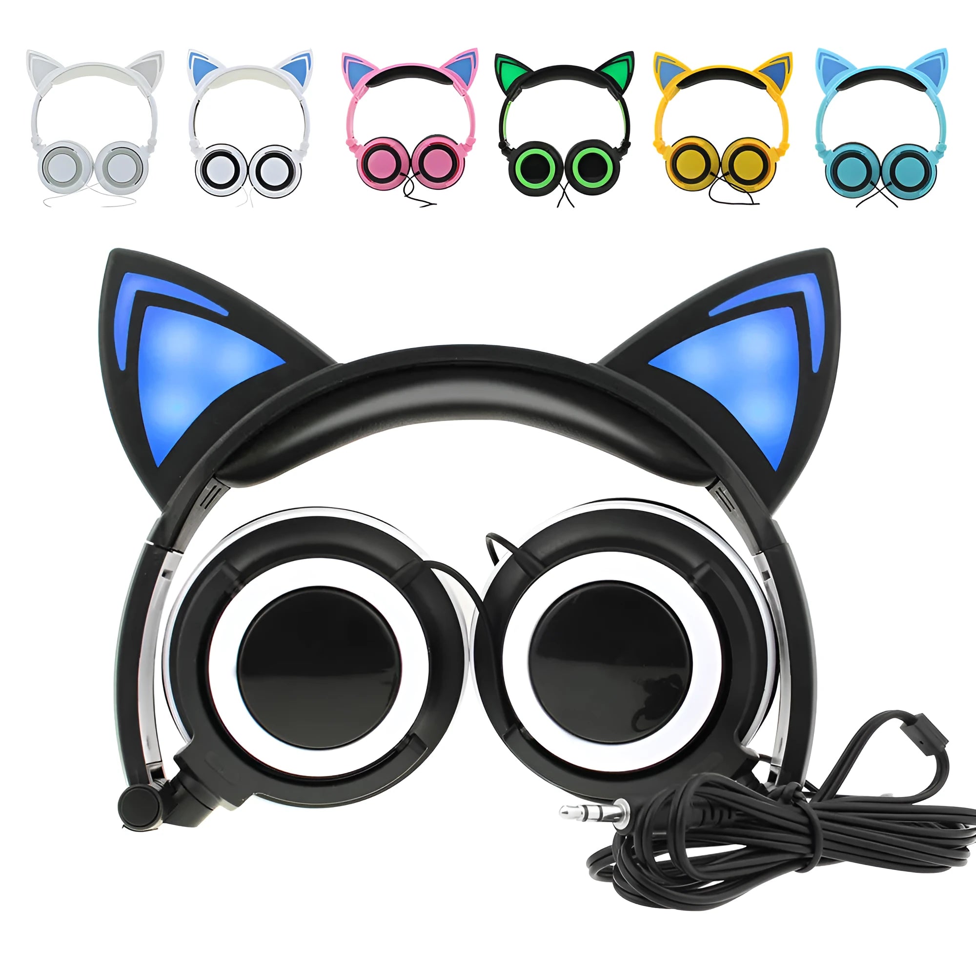 Colourful LED cat ear headphones showing illuminated ears and cushions on a black background