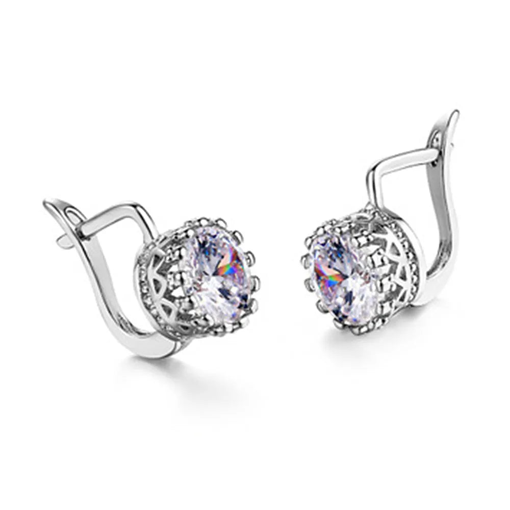 Korean retro crown earrings in rose gold or white gold colour with clip-on design and white diamond detail
