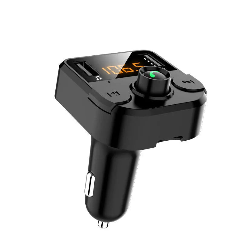 BT36B black car Bluetooth FM transmitter player with 1.1-inch screen plugged into a cigarette lighter.