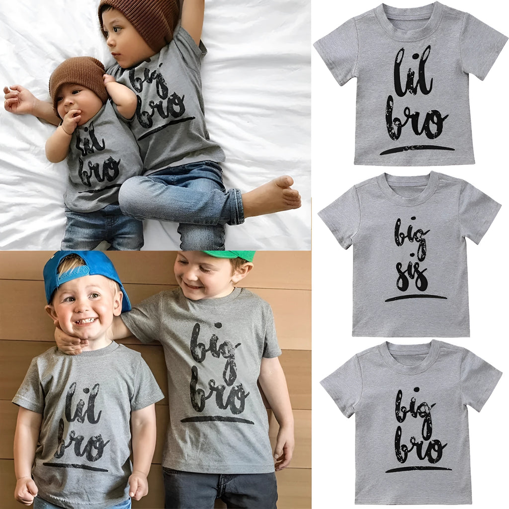 Grey cotton printed t-shirt for children with sibling themes in Asian sizes from 60cm to 140cm