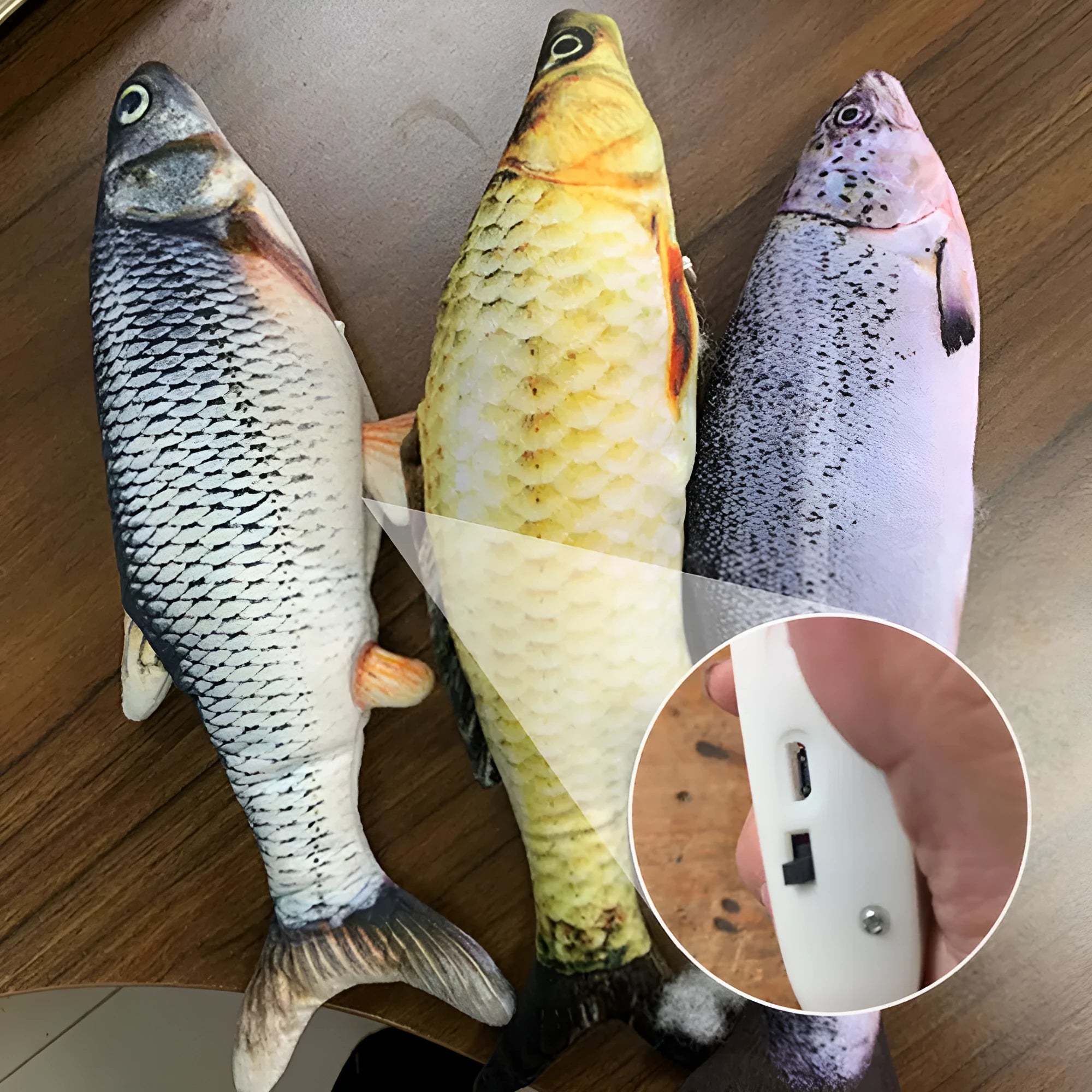 Electronic jumping fish cat toy measuring 30cm with multicolor PP design and USB cable