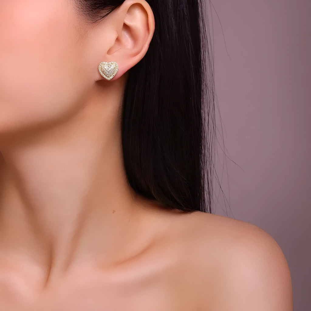 S925 sterling silver heart stud earrings with gold-colour finish and moissanite stones