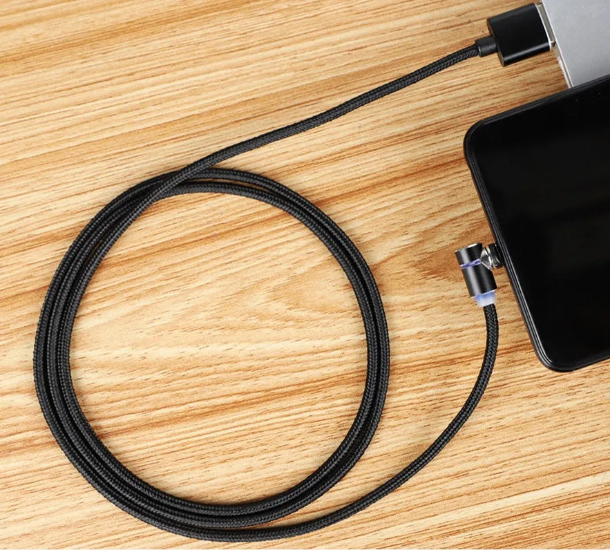 Magnetic LED charging cable with 90-degree rotating connector, aluminium alloy housing, 1 metre, black