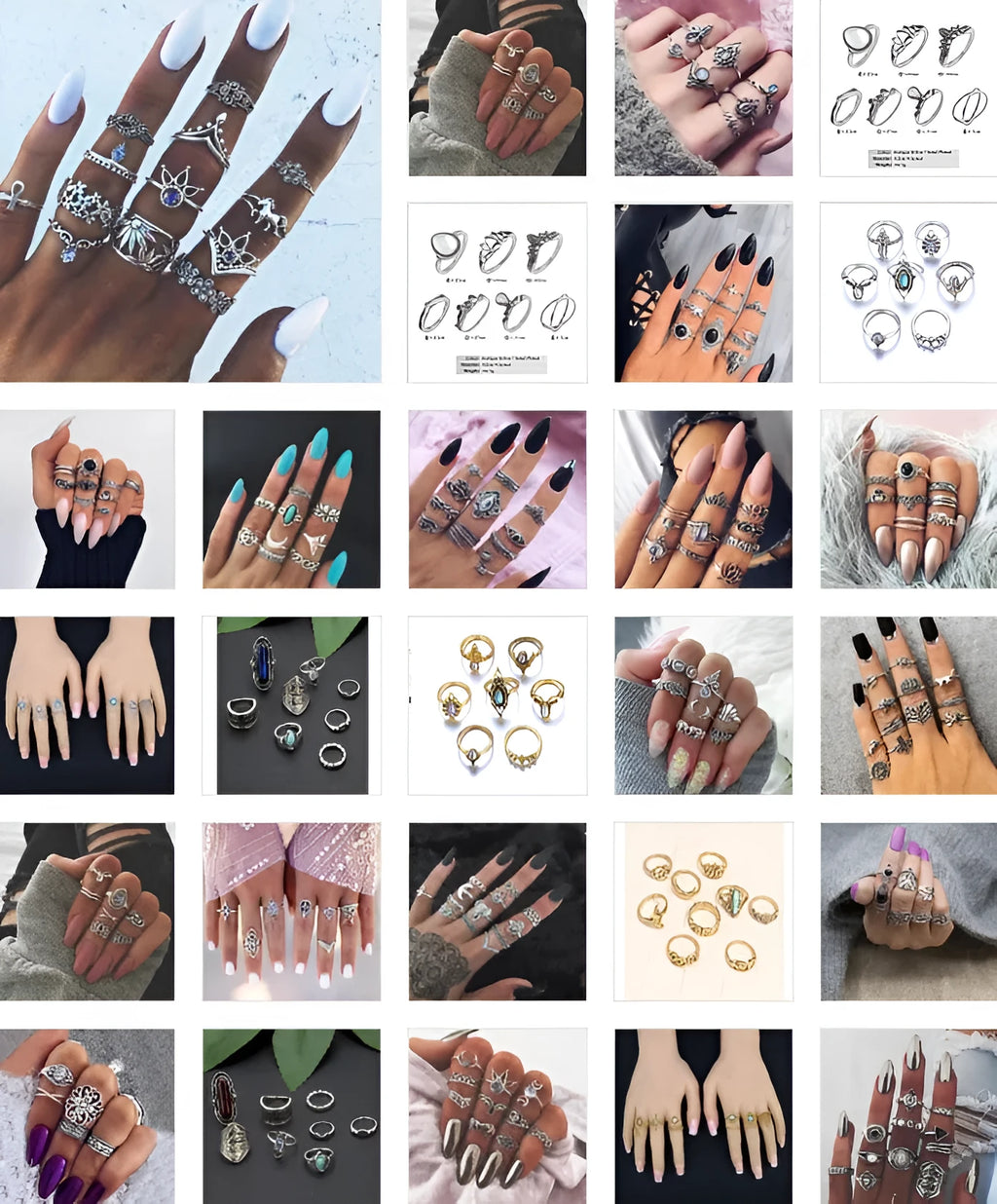 Vintage knuckle rings set with gold, silver, black and turquoise elephant, lotus, moon and flower designs