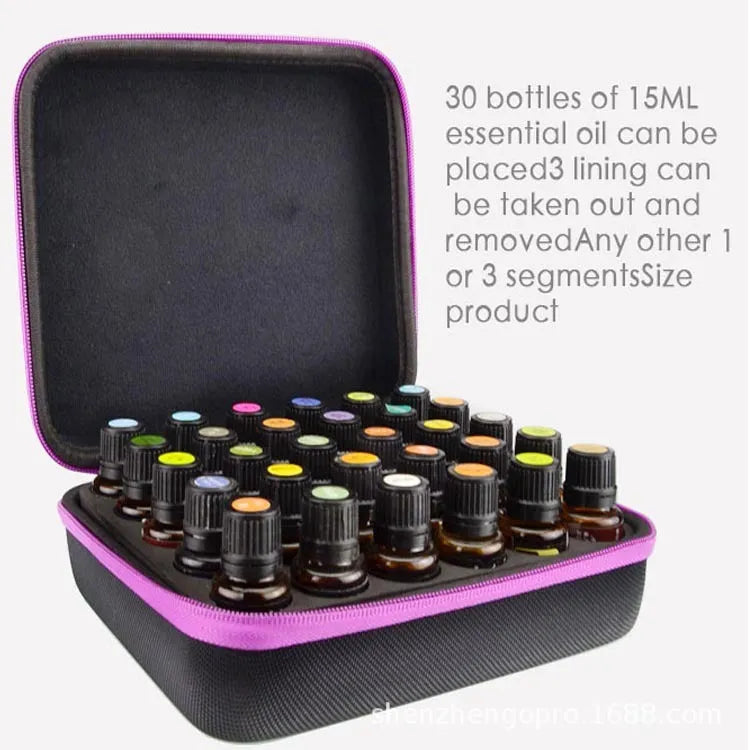 Cube-shaped EVA essential oil storage bag with 30 compartments for 15ml bottles, shown in red