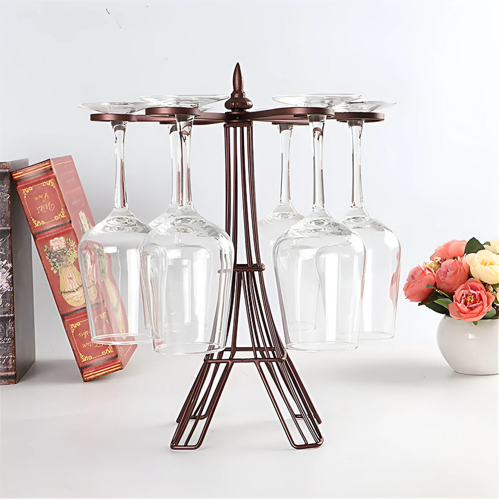 Bronze iron wine glass holder measuring 26x15x33cm on a bar countertop with two goblets hanging
