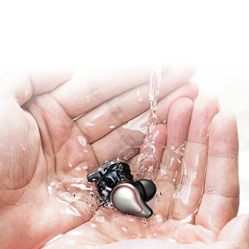 Black and blue in-ear Bluetooth headset with bilateral stereo earbuds