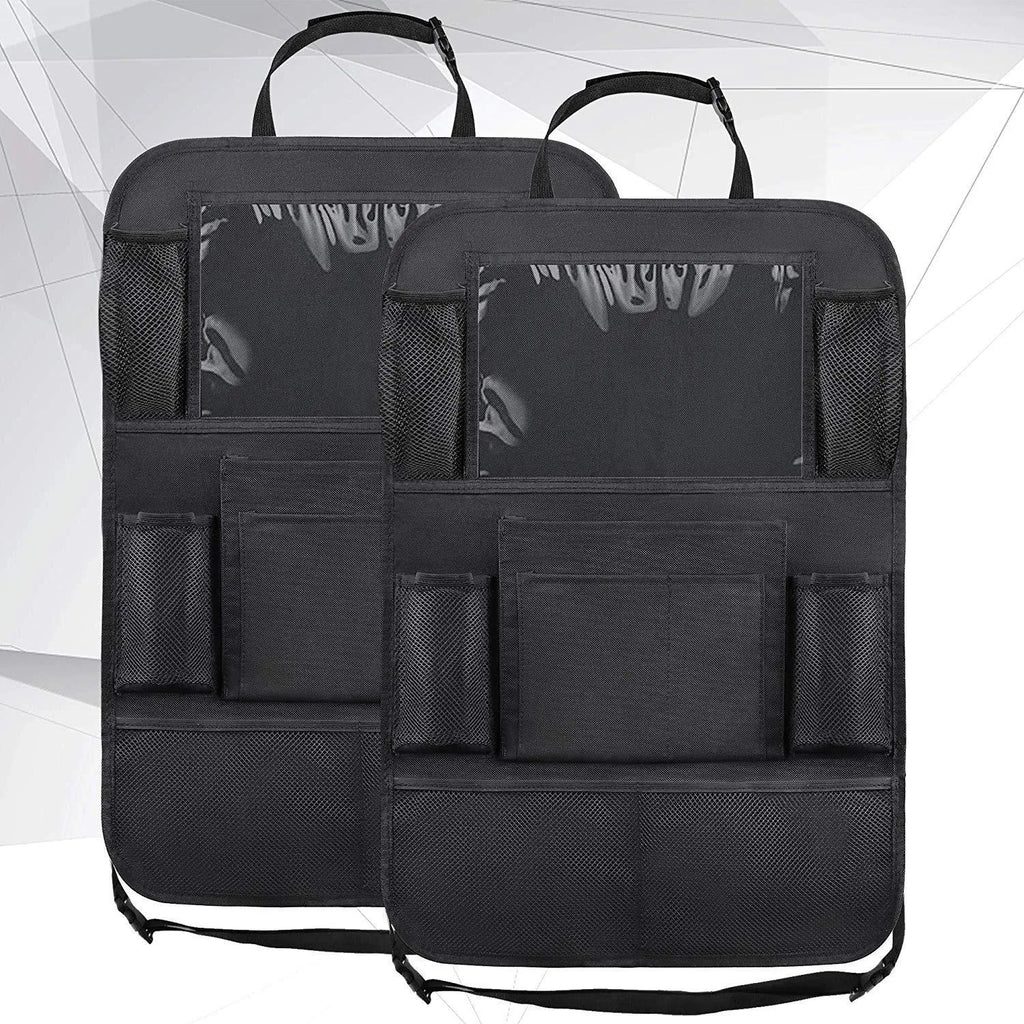 Black car seat back storage pouch with 9 bags and transparent iPad pocket, 61x41cm, made from 600D Oxford cloth