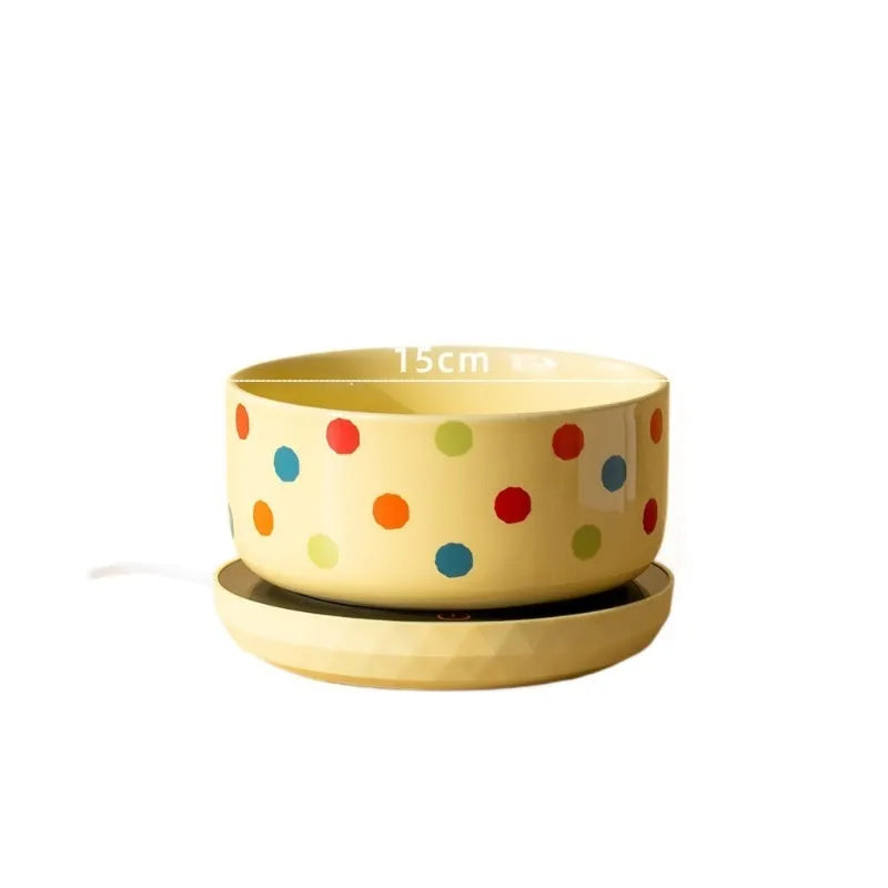 Ceramic cat water bowl with heating mat on white background