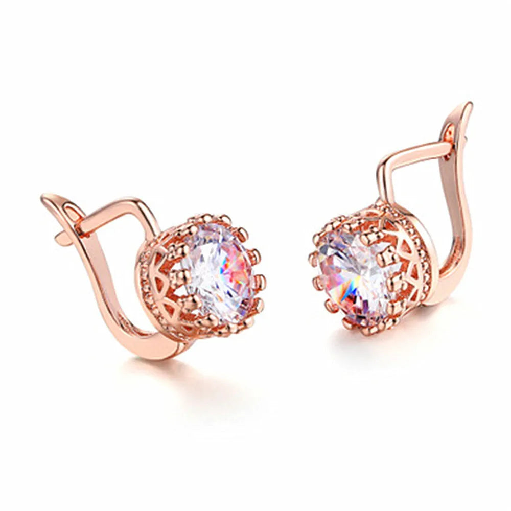 Korean retro crown ear clip earrings in rose gold or white gold colour with diamond-effect stones