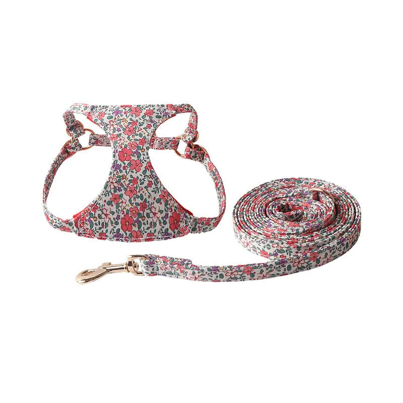 Floral pet harness suit with matching chest back piece and leash in multiple colour options