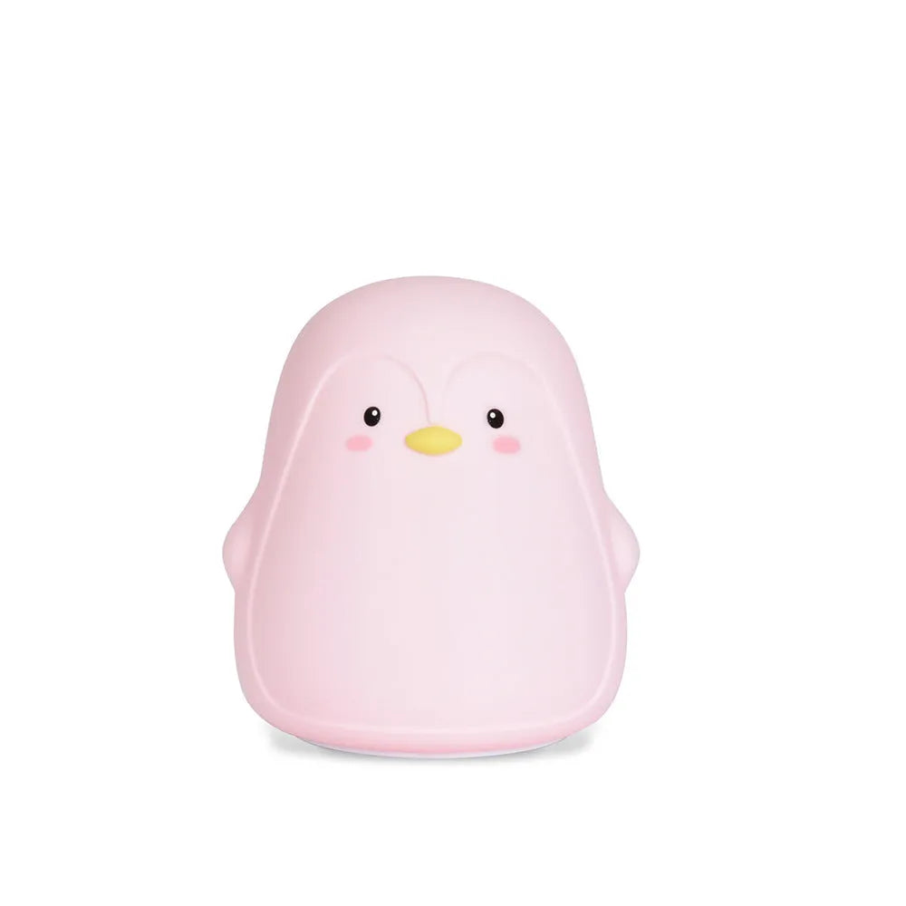Penguin-shaped silicone and ABS night light with white LED glow, shown with USB charging cable.