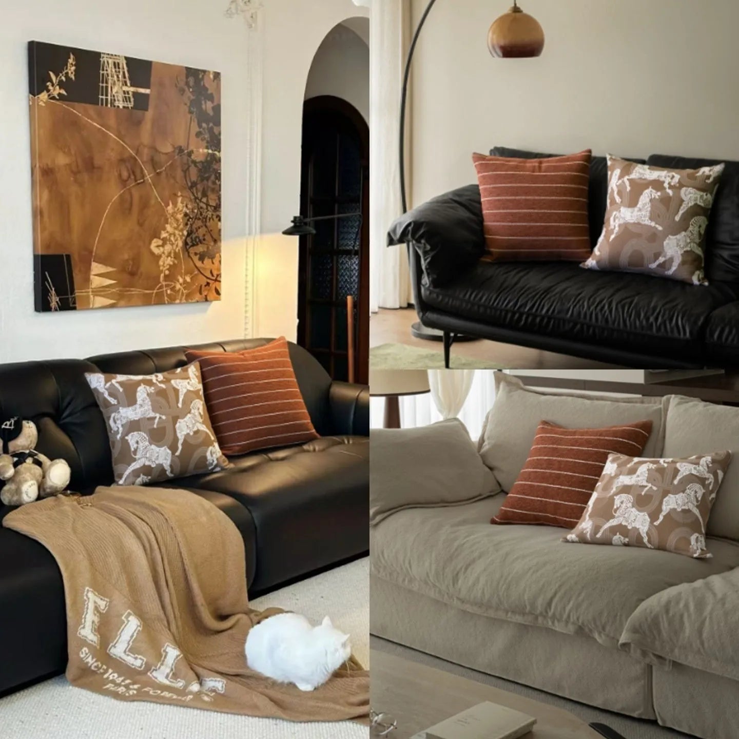 Chinese style square cushion in brown Maillard colour on a sofa.