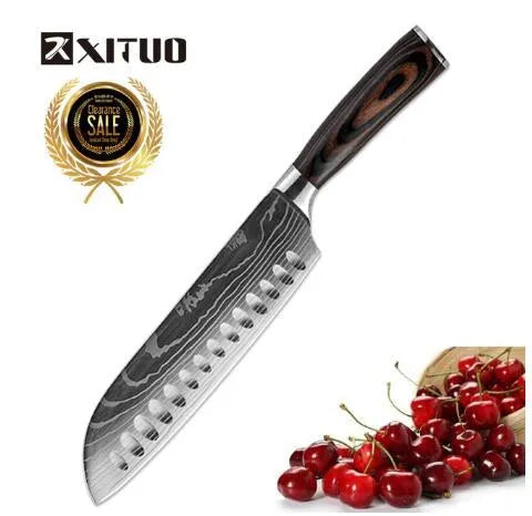 7Cr17 stainless steel kitchen knife with Damascus pattern blade and coloured wood handle on a cutting board.