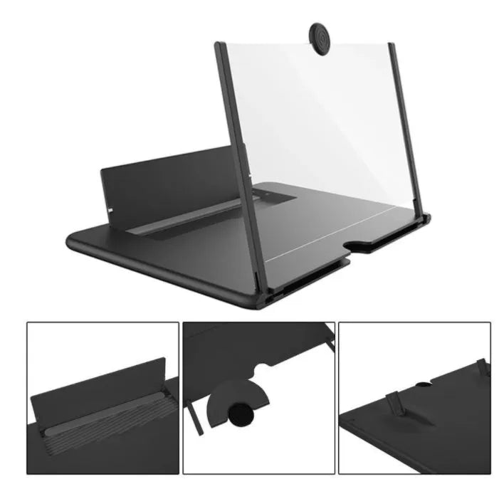 Black foldable phone screen amplifier with fenier lens, 3-4x magnification, on a table