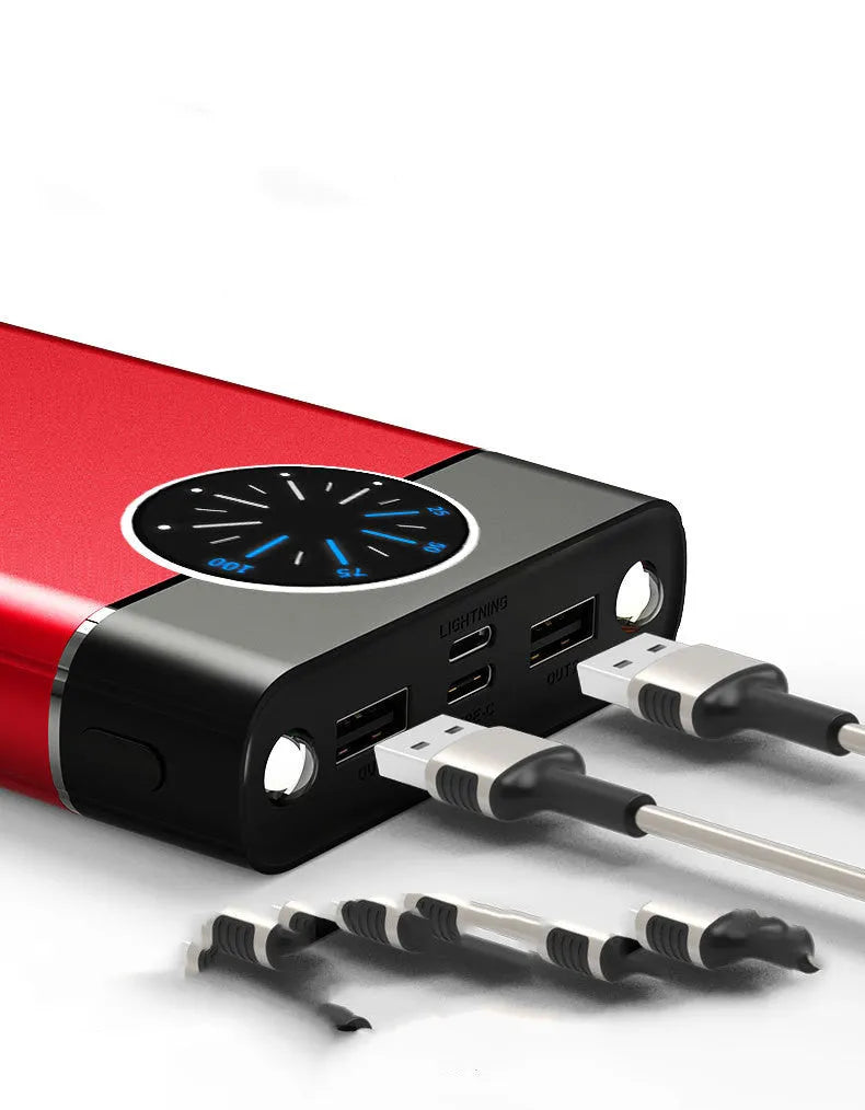 Black alloy fast charging power bank showing front with USB ports and LED flashlight.