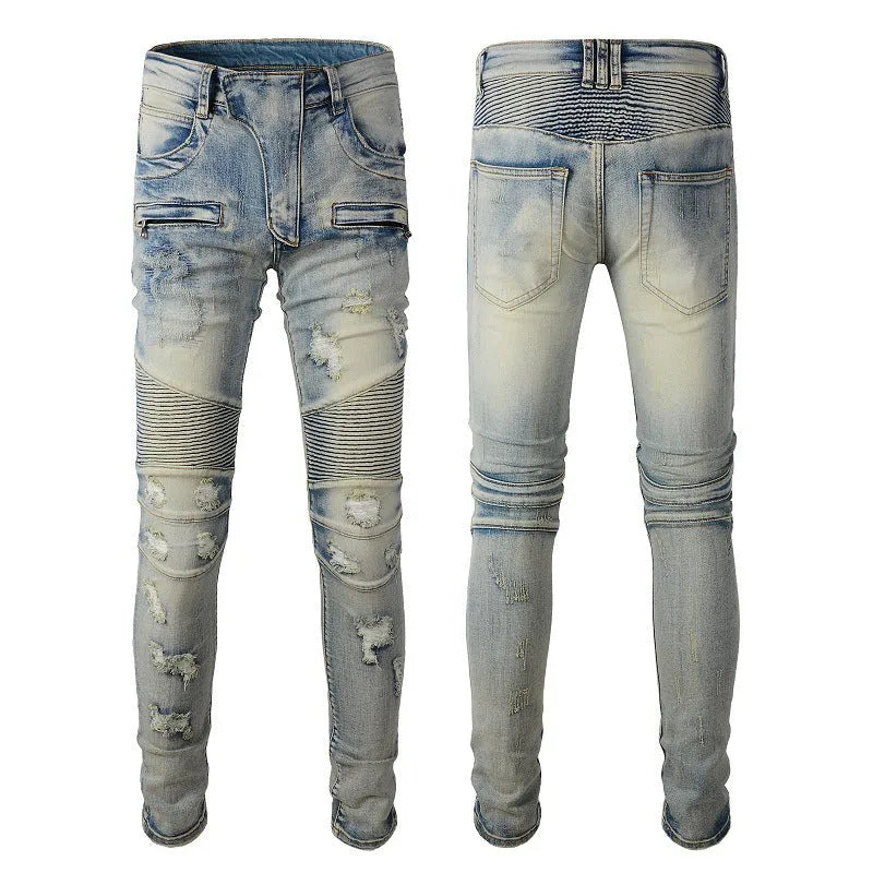 Light blue men's slim fit distressed jeans with hand-frayed details and an elastic waist.