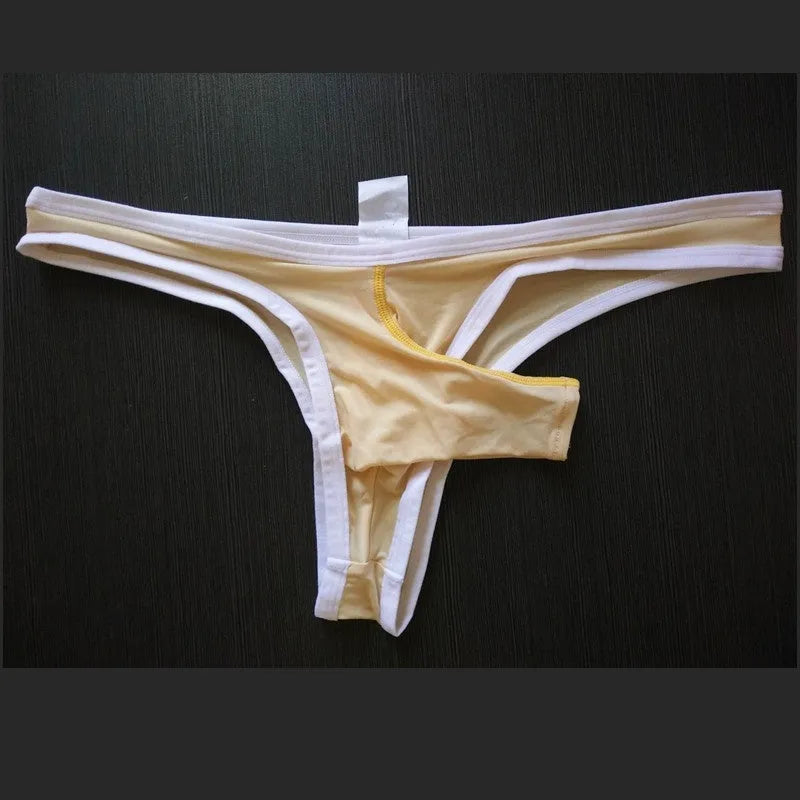 Men's ice silk nylon briefs on a white background, showing the elasticated waistband and available colour options.