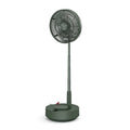 Green telescopic storage floor electric fan shown in both desktop and extended vertical configurations with remote control