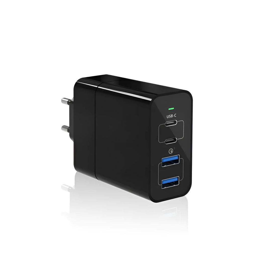 Black dual port USB-C and USB-A charger with US plug, 48W total power, compact design on white background