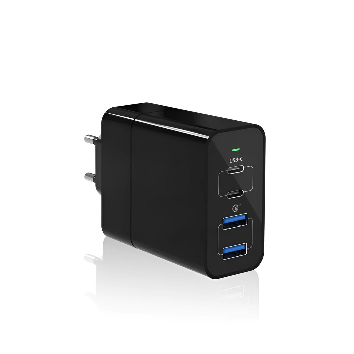 Black dual port USB-C and USB-A charger with US plug, 48W total power, compact design on white background