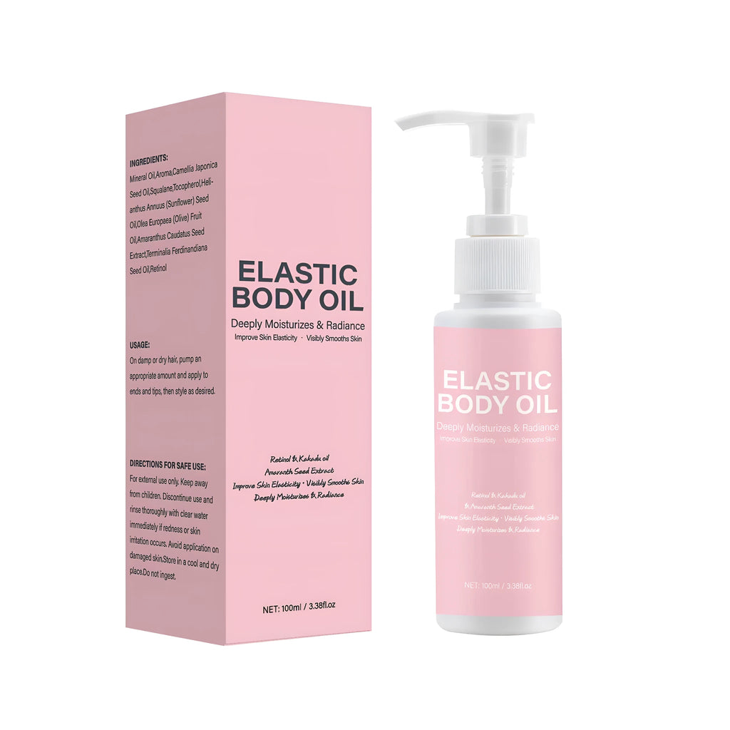 Body Care Elastomer Oil 100ml in a white bottle with a black cap, for daily moisturising