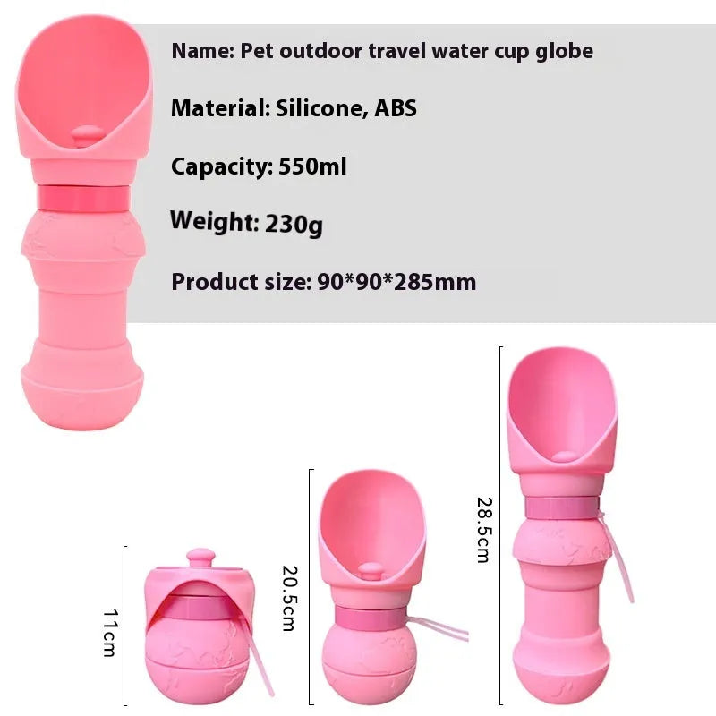 Soft silicone pet folding water cup shown in a choice of colours, collapsed and expanded next to a dog lead.