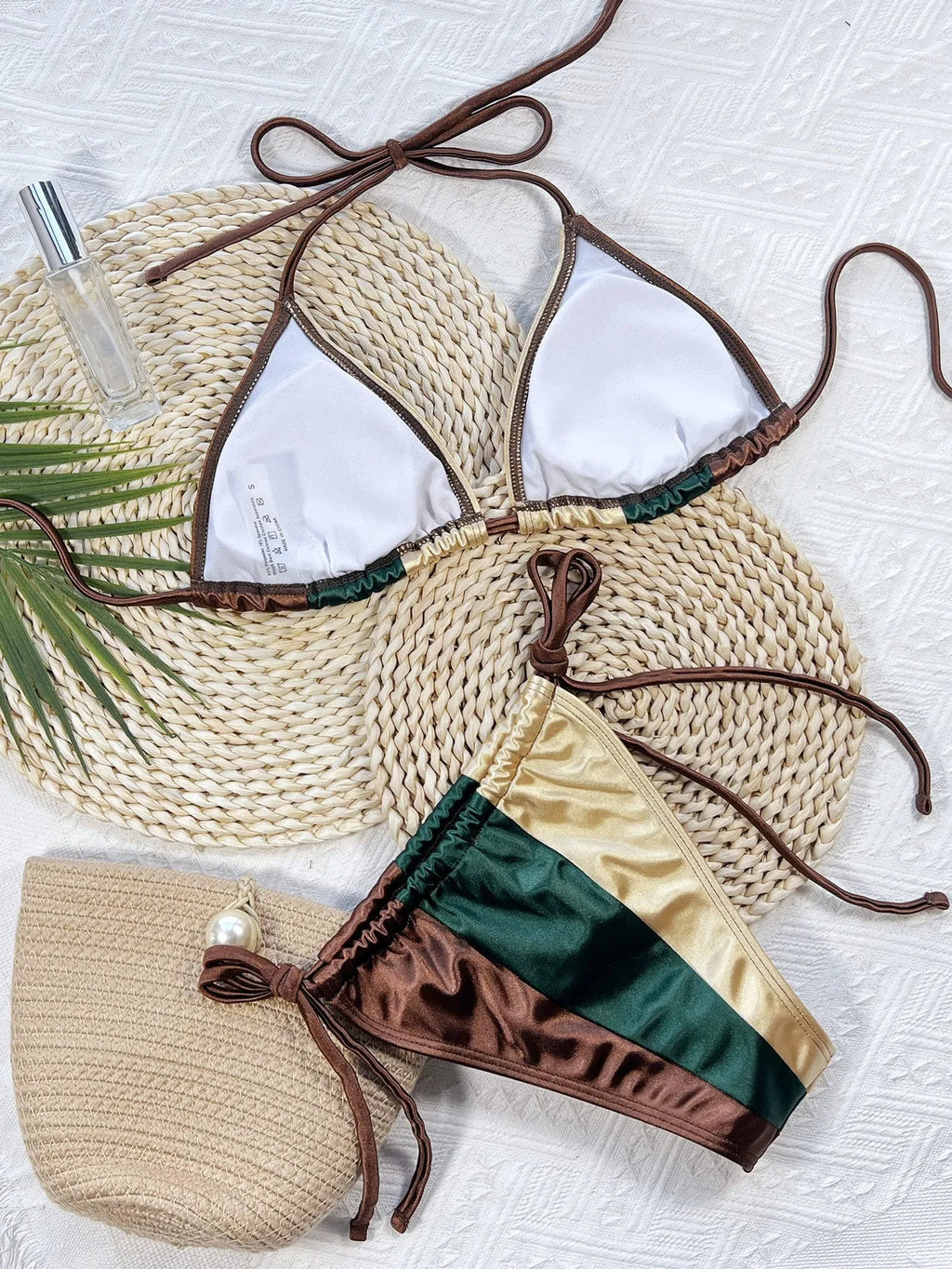 Women's separated bikini multicolour with solid colour stitching, nylon fabric, sizes S M L, triangle top and brief bottoms